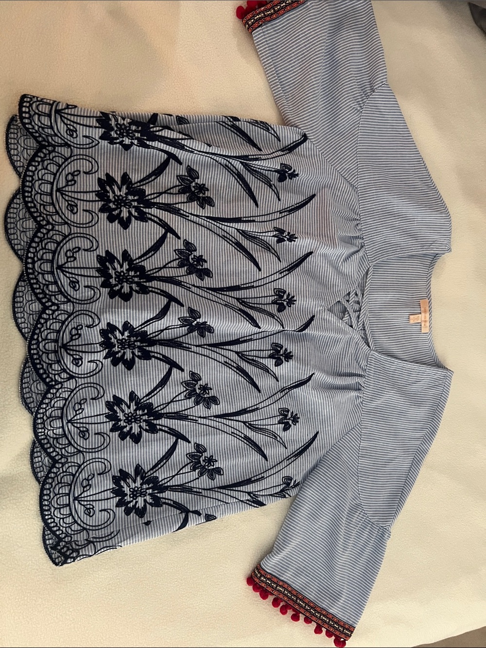 Skies Blue Striped Embroidered Women's Top with Scallop Hem